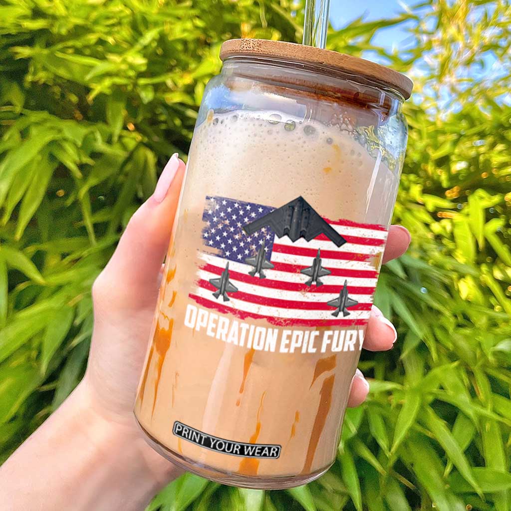 Operation Epic Fury Fighter Jet Formation American Flag Glass Can B12 Spirit USA Strength and Freedom TS02 Black Print Your Wear