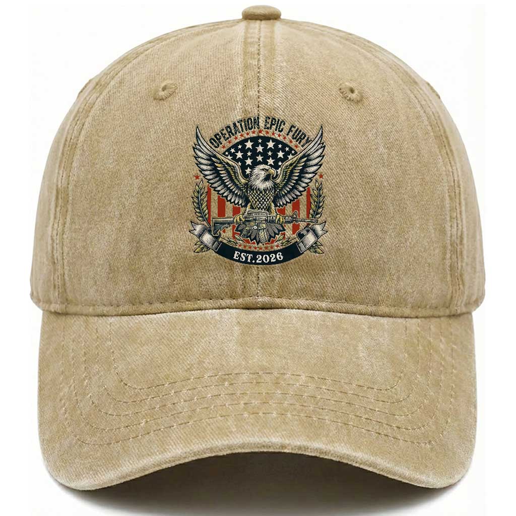 Operation Epic Fury Patriotic Eagle Crest Est 2026 Washed Cotton Baseball Cap American Strength Freedom TS02 Washed Cap Universal Fit Khaki Print Your Wear