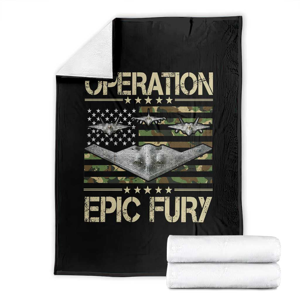 Operation Epic Fury Camo American Flag Throw Blanket B12 Spirit Stealth Bomber Formation Patriotic Air Power TS02 Black Print Your Wear