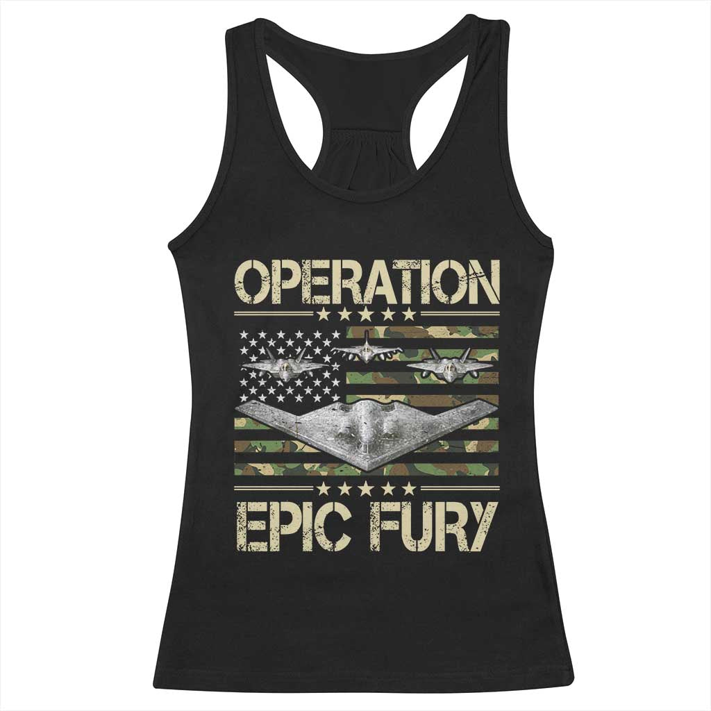 Operation Epic Fury Camo American Flag Racerback Tank Top B12 Spirit Stealth Bomber Formation Patriotic Air Power TS02 Black Print Your Wear