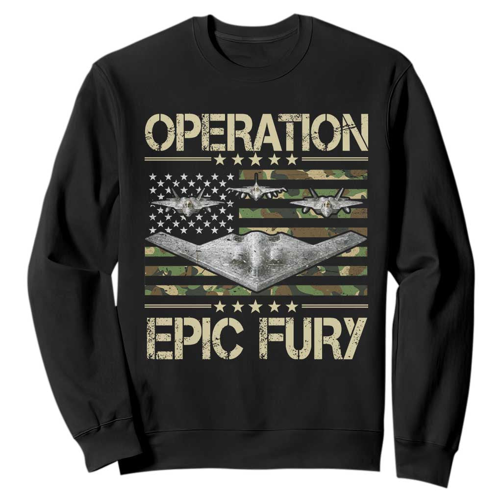 Operation Epic Fury Camo American Flag Sweatshirt B12 Spirit Stealth Bomber Formation Patriotic Air Power TS02 Black Print Your Wear