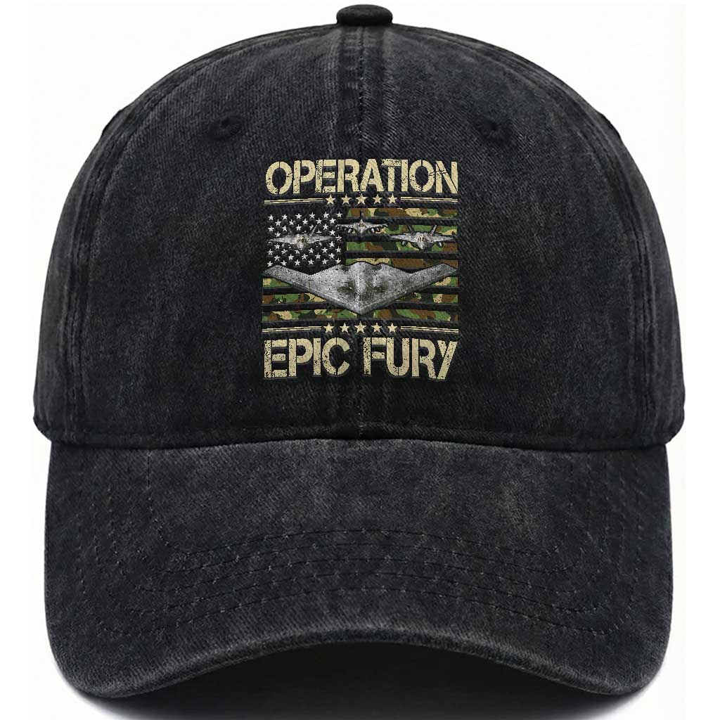 Operation Epic Fury Camo American Flag Washed Cotton Baseball Cap B12 Spirit Stealth Bomber Formation Patriotic Air Power TS02 Washed Cap Universal Fit Black Print Your Wear
