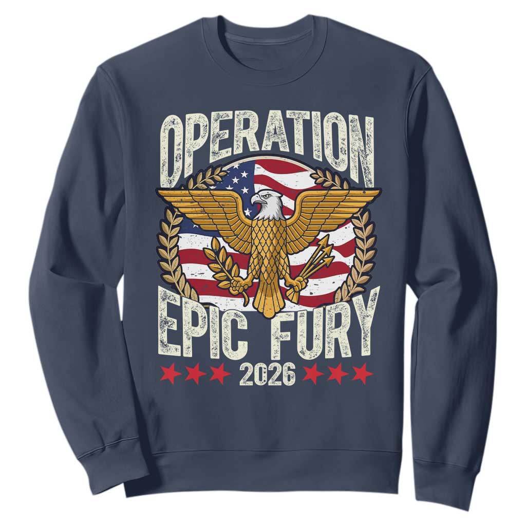 Operation Epic Fury 2026 Patriotic Eagle Crest Sweatshirt American Strength and Freedom TS02 Navy Print Your Wear