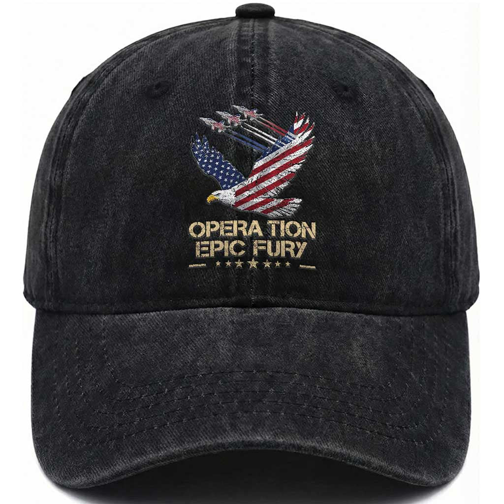 Operation Epic Fury American Eagle Flag Washed Cotton Baseball Cap Jet Flyover USA Freedom TS02 Washed Cap Universal Fit Black Print Your Wear