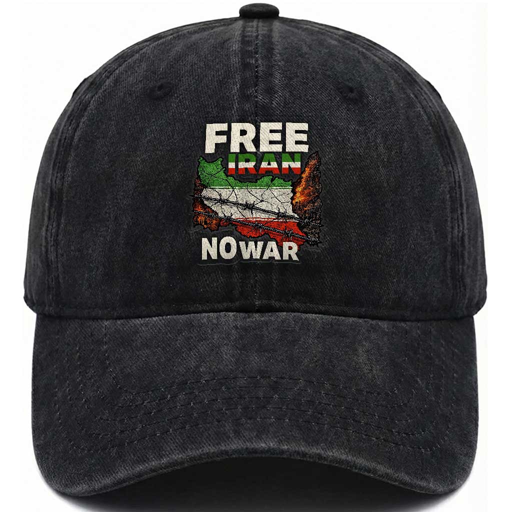 Free Iran No War Protest Graphic Washed Cotton Baseball Cap Barbed Wire Freedom Human Rights Solidarity TS02 Washed Cap Universal Fit Black Print Your Wear