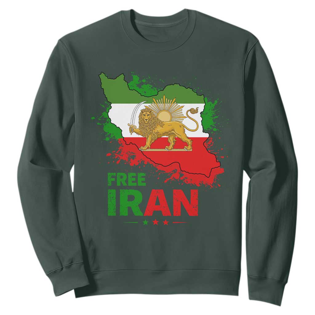 Free Iran Lion And Sun Map Graphic Sweatshirt Persian Heritage Freedom Support TS02 Dark Forest Green Print Your Wear