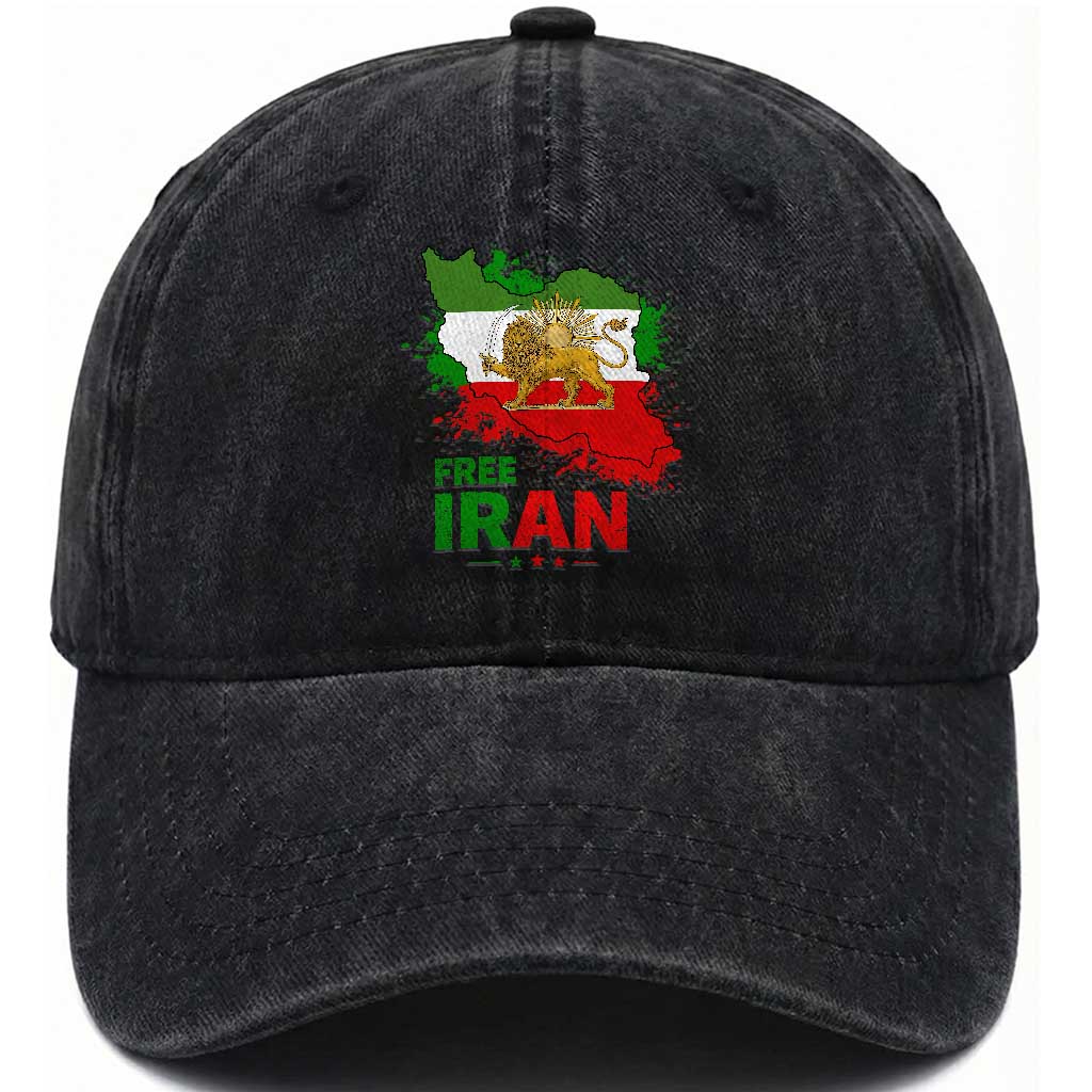 Free Iran Lion And Sun Map Graphic Washed Cotton Baseball Cap Persian Heritage Freedom Support TS02 Washed Cap Universal Fit Black Print Your Wear