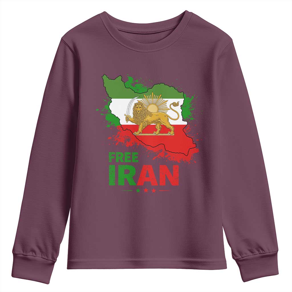 Free Iran Lion And Sun Map Graphic Youth Sweatshirt Persian Heritage Freedom Support TS02 Maroon Print Your Wear