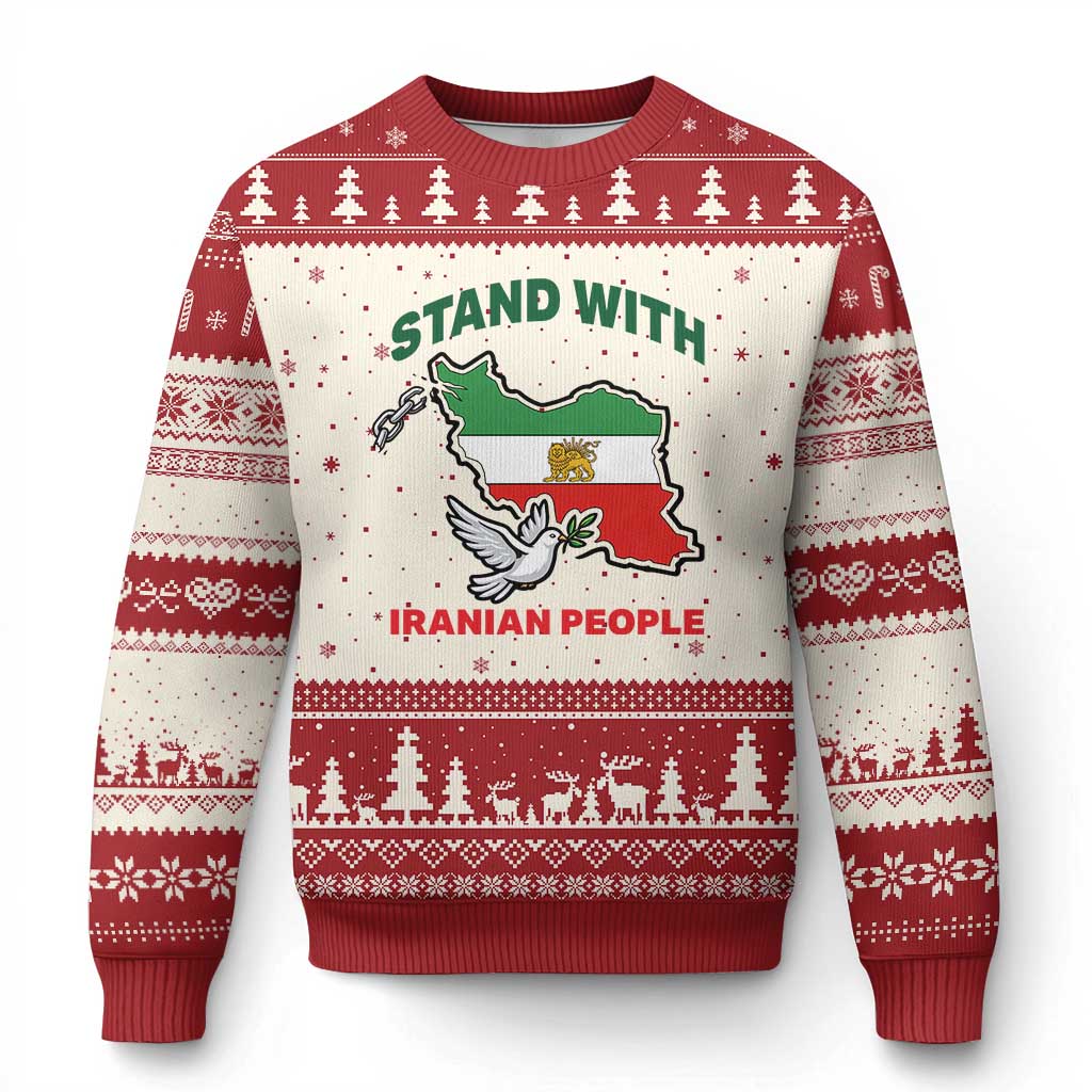 Stand With Iranian People Peace Dove Ugly Christmas Sweater Iran Map Flag Freedom Human Rights Support TS02 Beige Red Print Your Wear
