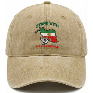 Stand With Iranian People Peace Dove Washed Cotton Baseball Cap Iran Map Flag Freedom Human Rights Support TS02 Washed Cap Universal Fit Khaki Print Your Wear