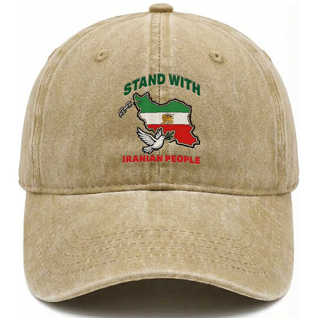 Stand With Iranian People Peace Dove Washed Cotton Baseball Cap Iran Map Flag Freedom Human Rights Support TS02 Washed Cap Universal Fit Khaki Print Your Wear