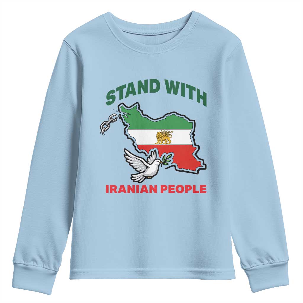 Stand With Iranian People Peace Dove Youth Sweatshirt Iran Map Flag Freedom Human Rights Support TS02 Light Blue Print Your Wear