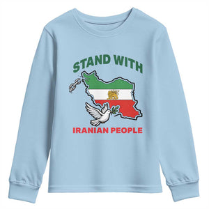 Stand With Iranian People Peace Dove Youth Sweatshirt Iran Map Flag Freedom Human Rights Support TS02 Light Blue Print Your Wear
