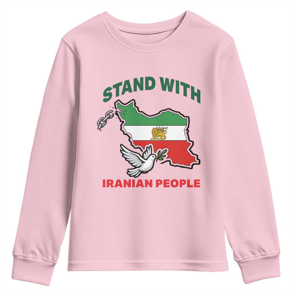 Stand With Iranian People Peace Dove Youth Sweatshirt Iran Map Flag Freedom Human Rights Support TS02 Light Pink Print Your Wear