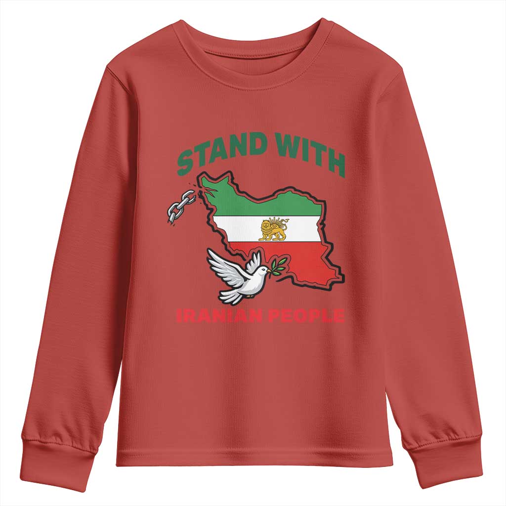 Stand With Iranian People Peace Dove Youth Sweatshirt Iran Map Flag Freedom Human Rights Support TS02 Red Print Your Wear