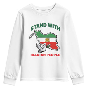 Stand With Iranian People Peace Dove Youth Sweatshirt Iran Map Flag Freedom Human Rights Support TS02 White Print Your Wear
