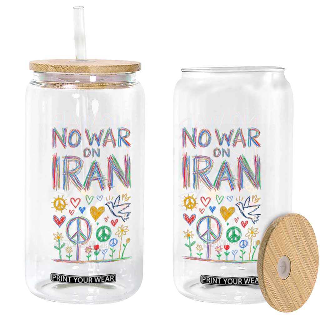 No War On Iran Colorful Peace Graphic Glass Can Retro Anti War Protest TS02 Print Your Wear