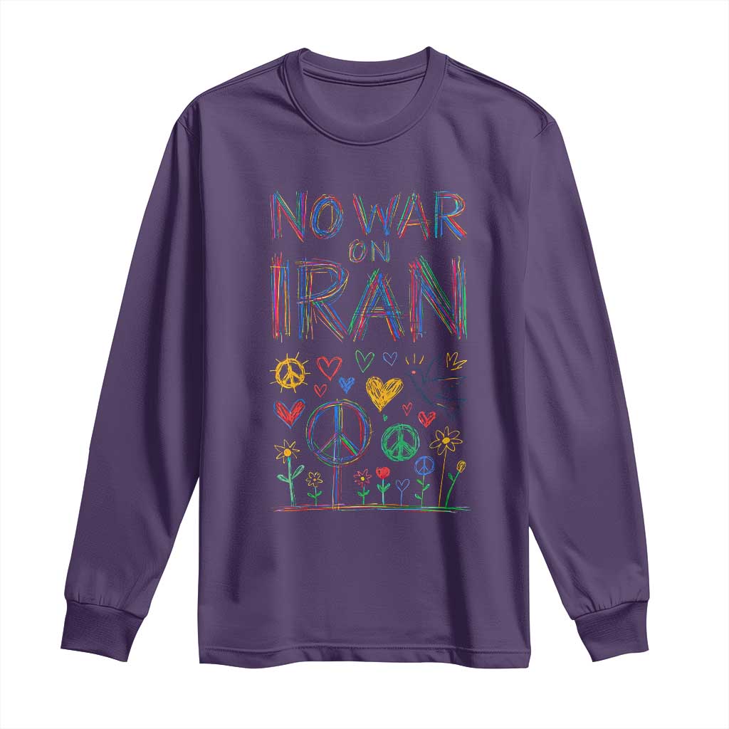 No War On Iran Colorful Peace Graphic Long Sleeve Shirt Retro Anti War Protest TS02 Purple Print Your Wear