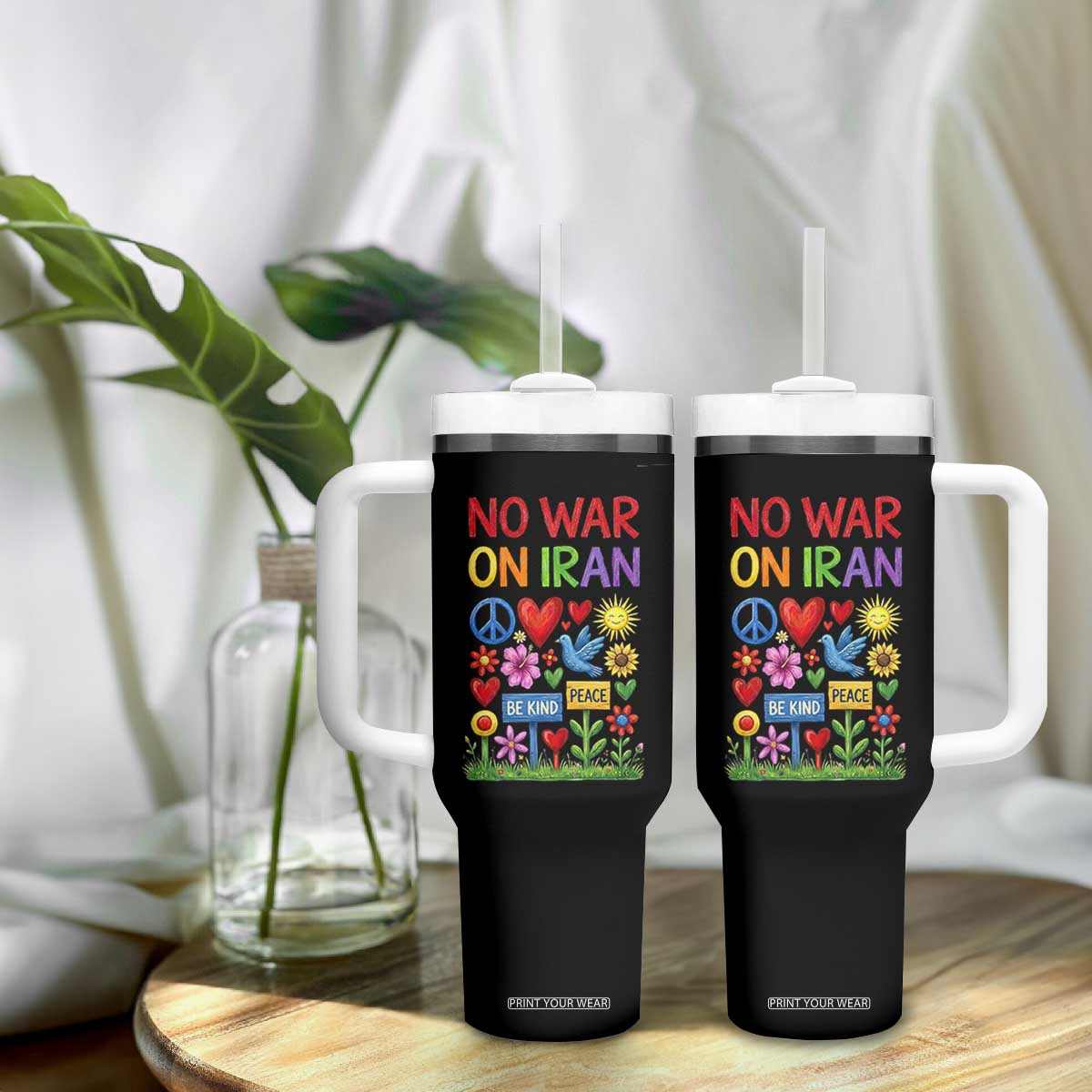 No War On Iran Colorful Peace Protest Tumbler With Handle Anti War Activist Statement TS02 Print Your Wear