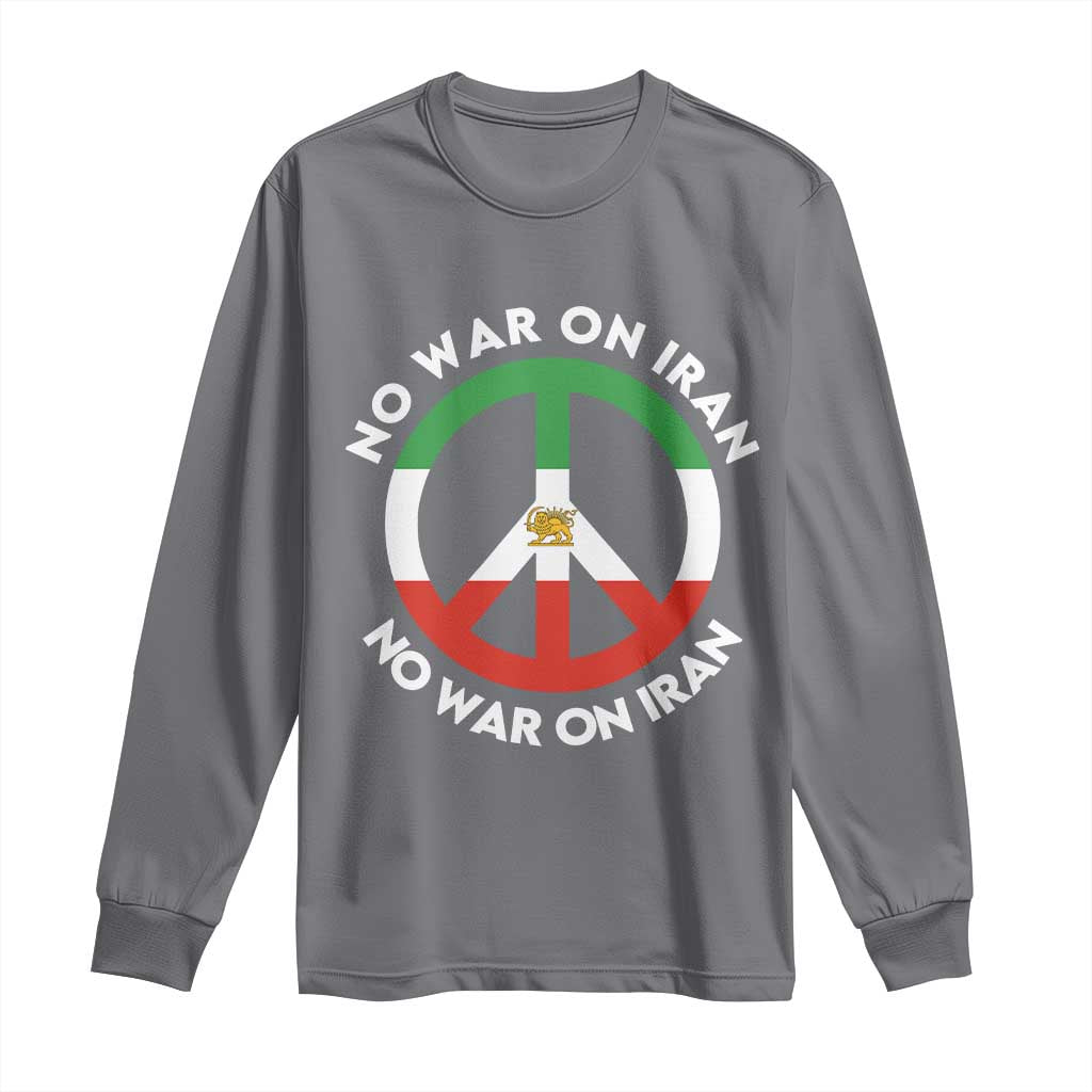 No War On Iran Peace Symbol Long Sleeve Shirt Iranian Lion Emblem Anti War Protest TS02 Charcoal Print Your Wear
