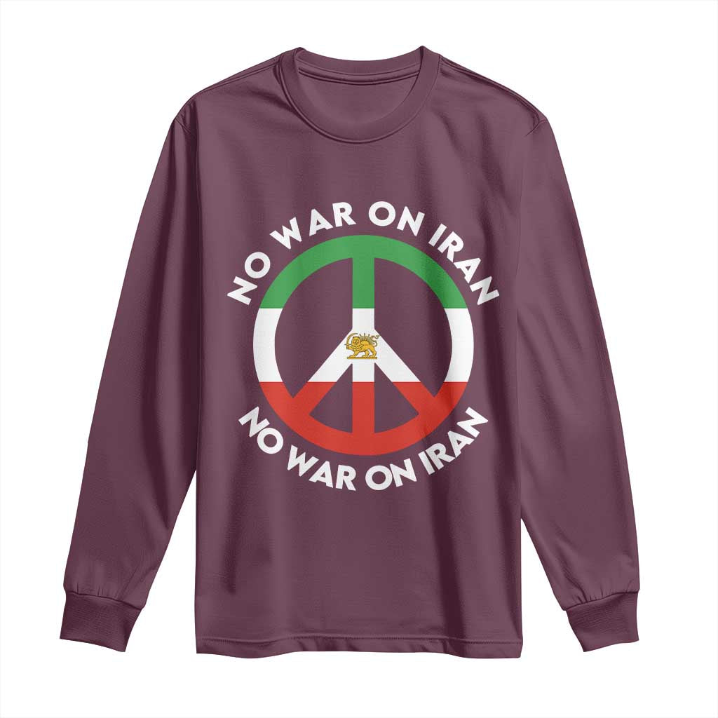 No War On Iran Peace Symbol Long Sleeve Shirt Iranian Lion Emblem Anti War Protest TS02 Maroon Print Your Wear