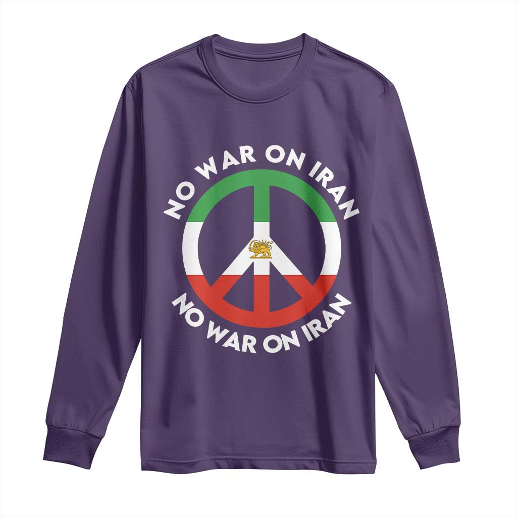 No War On Iran Peace Symbol Long Sleeve Shirt Iranian Lion Emblem Anti War Protest TS02 Purple Print Your Wear