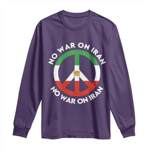 No War On Iran Peace Symbol Long Sleeve Shirt Iranian Lion Emblem Anti War Protest TS02 Purple Print Your Wear