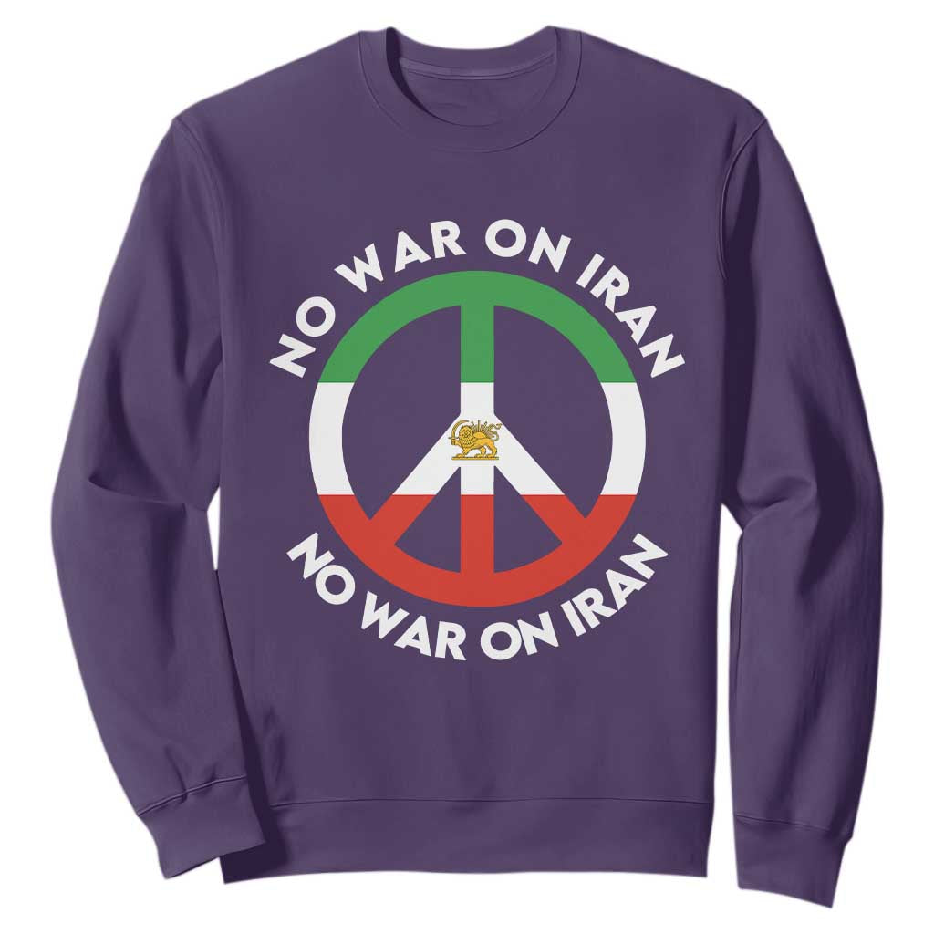 No War On Iran Peace Symbol Sweatshirt Iranian Lion Emblem Anti War Protest TS02 Purple Print Your Wear