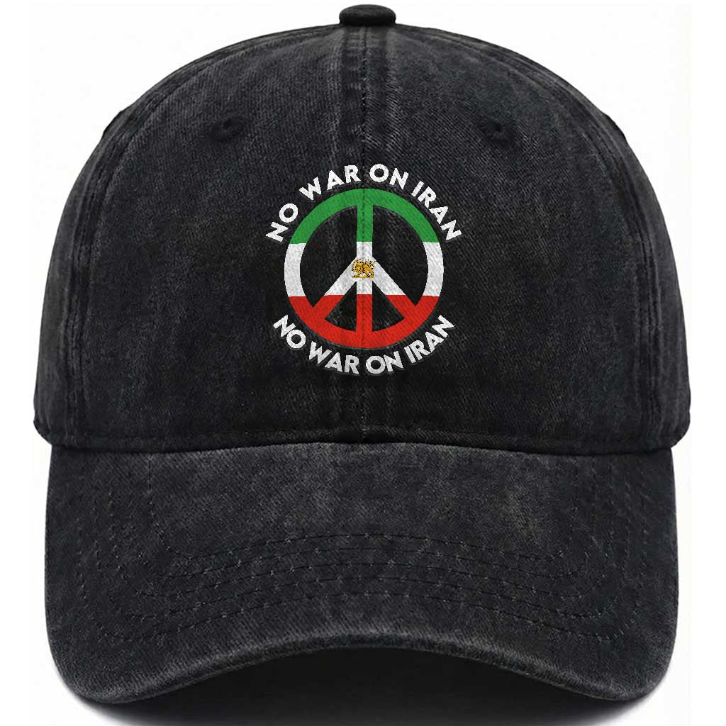 No War On Iran Peace Symbol Washed Cotton Baseball Cap Iranian Lion Emblem Anti War Protest TS02 Washed Cap Universal Fit Black Print Your Wear