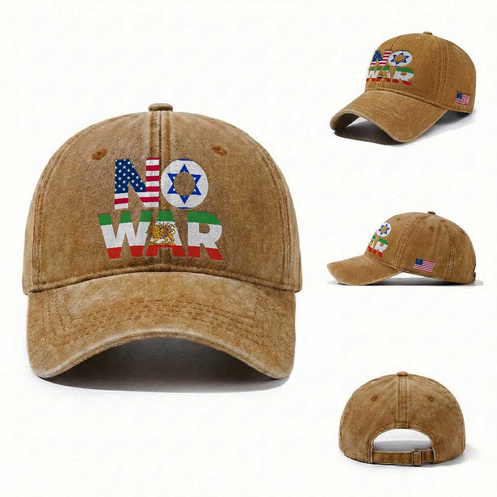 No War USA Israel Iran Flags Washed Cotton Baseball Cap Anti War Protest Political Statement TS02 Washed Cap Universal Fit Yellow Ochre Print Your Wear
