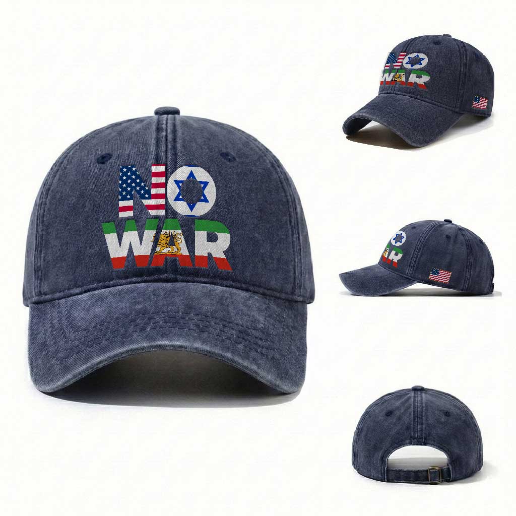 No War USA Israel Iran Flags Washed Cotton Baseball Cap Anti War Protest Political Statement TS02 Washed Cap Universal Fit Navy Print Your Wear
