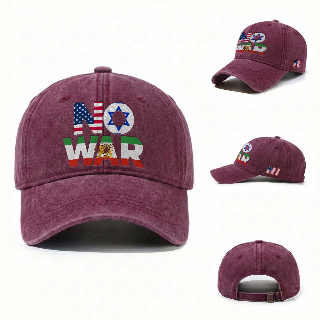 No War USA Israel Iran Flags Washed Cotton Baseball Cap Anti War Protest Political Statement TS02 Washed Cap Universal Fit Burgundy Print Your Wear