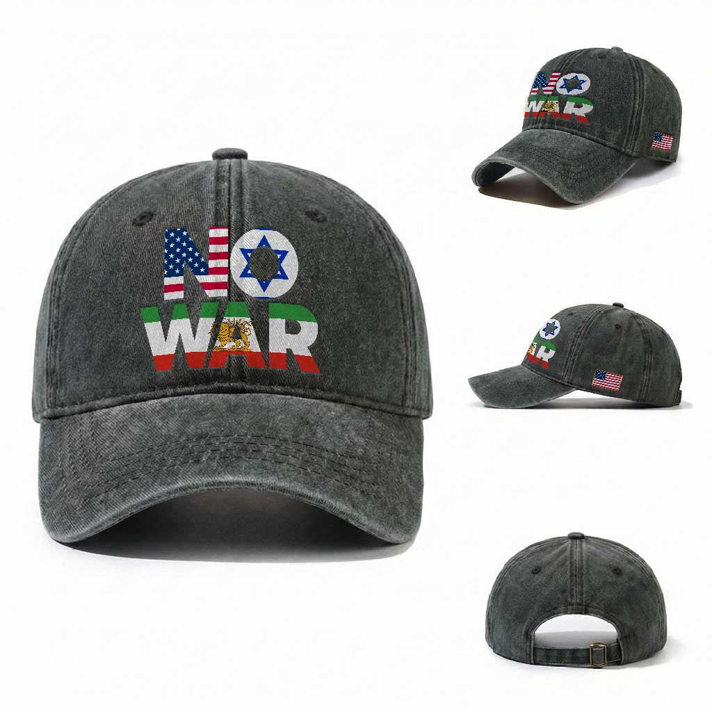 No War USA Israel Iran Flags Washed Cotton Baseball Cap Anti War Protest Political Statement TS02 Washed Cap Universal Fit Dark Green Print Your Wear