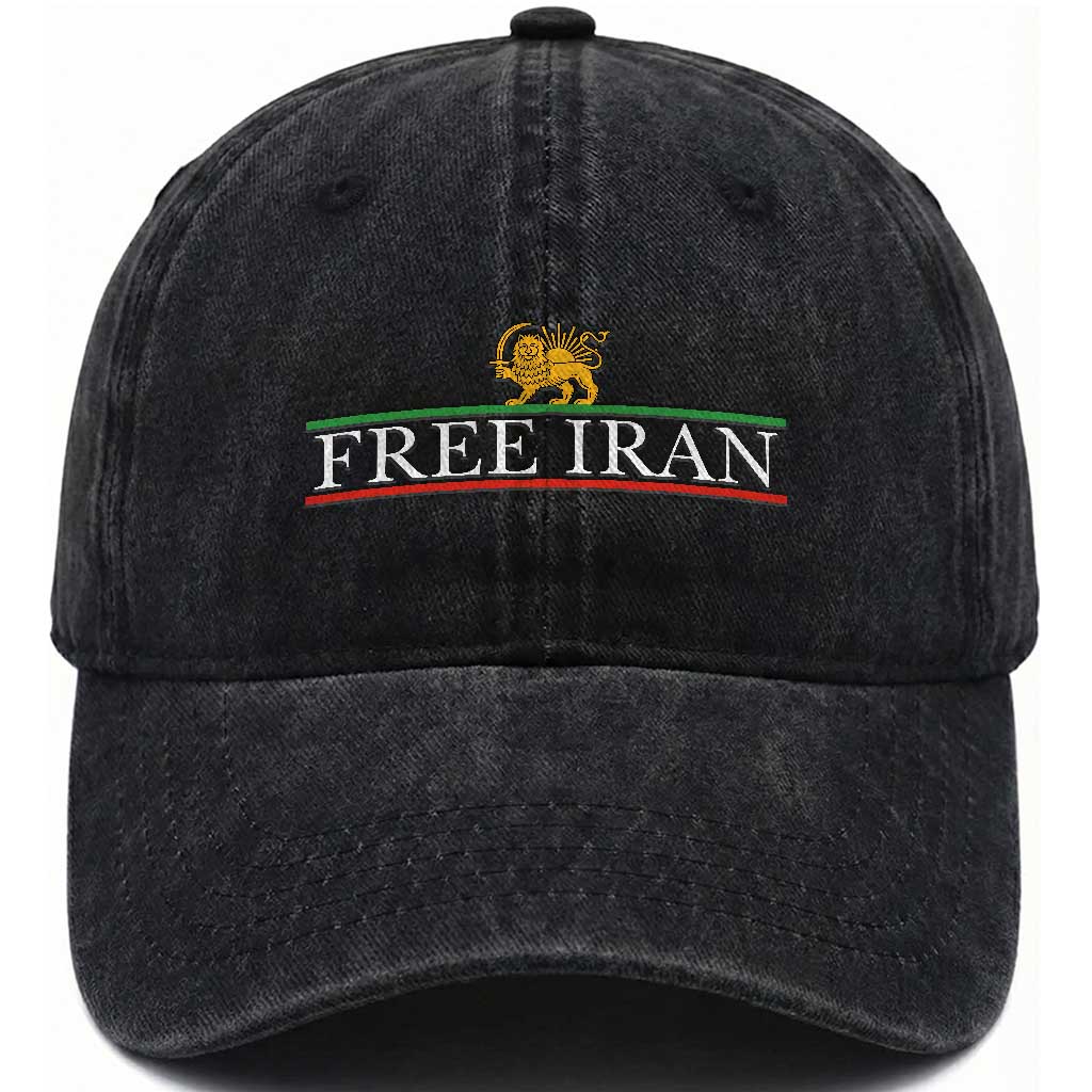 Free Iran Lion And Sun Graphic Washed Cotton Baseball Cap Iranian Freedom Supporters TS02 Washed Cap Universal Fit Black Print Your Wear