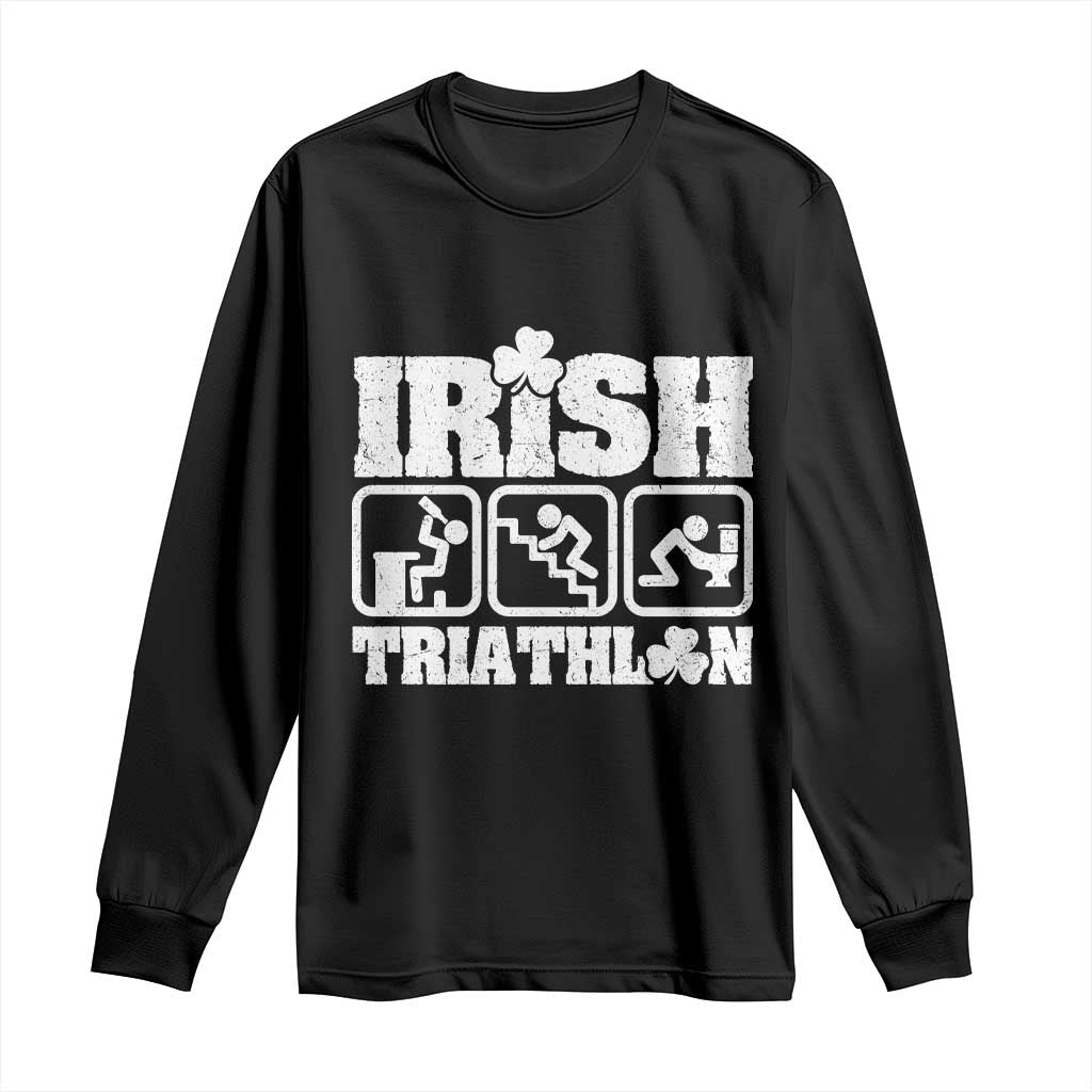 Irish Triathlon Funny Drinking Challenge Long Sleeve Shirt St Patricks Day Beer Party Humor TS02 Black Print Your Wear