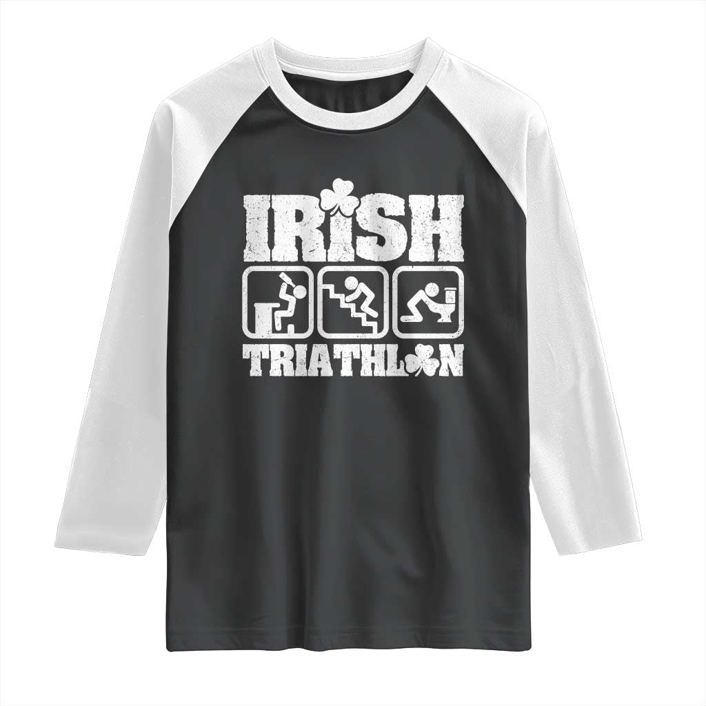 Irish Triathlon Funny Drinking Challenge Raglan Shirt St Patricks Day Beer Party Humor TS02 Black White Print Your Wear