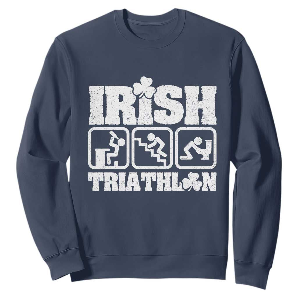 Irish Triathlon Funny Drinking Challenge Sweatshirt St Patricks Day Beer Party Humor TS02 Navy Print Your Wear