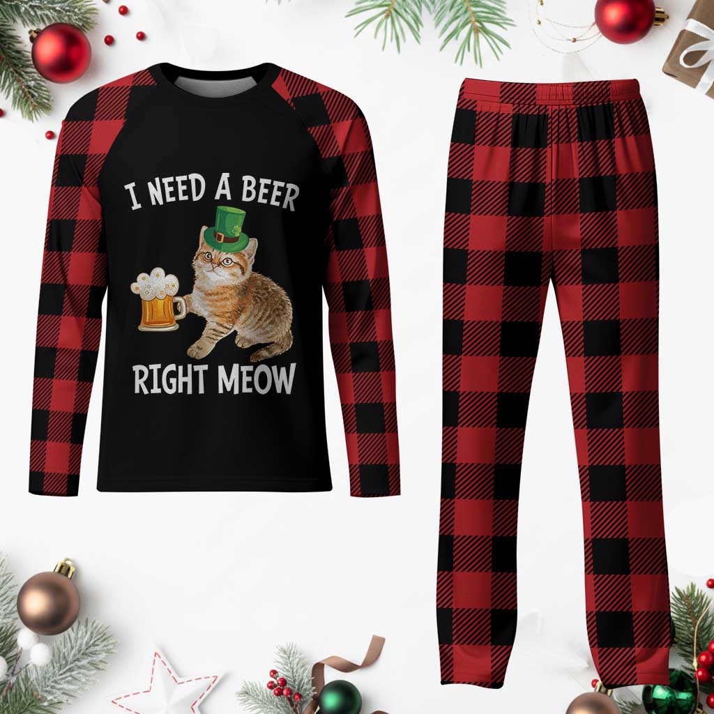 I Need A Beer Right Meow Funny Cat Drinking Joke Plaid Pajama Set St Patricks Day Humor TS02 Buffalo Plaid Print Your Wear