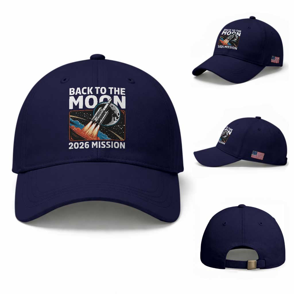 Back to the Moon 2026 Mission Baseball Cap Retro Rocket Launch Lunar Orbit Space Enthusiasts TS02 Baseball Cap Universal Fit Dark Blue Print Your Wear