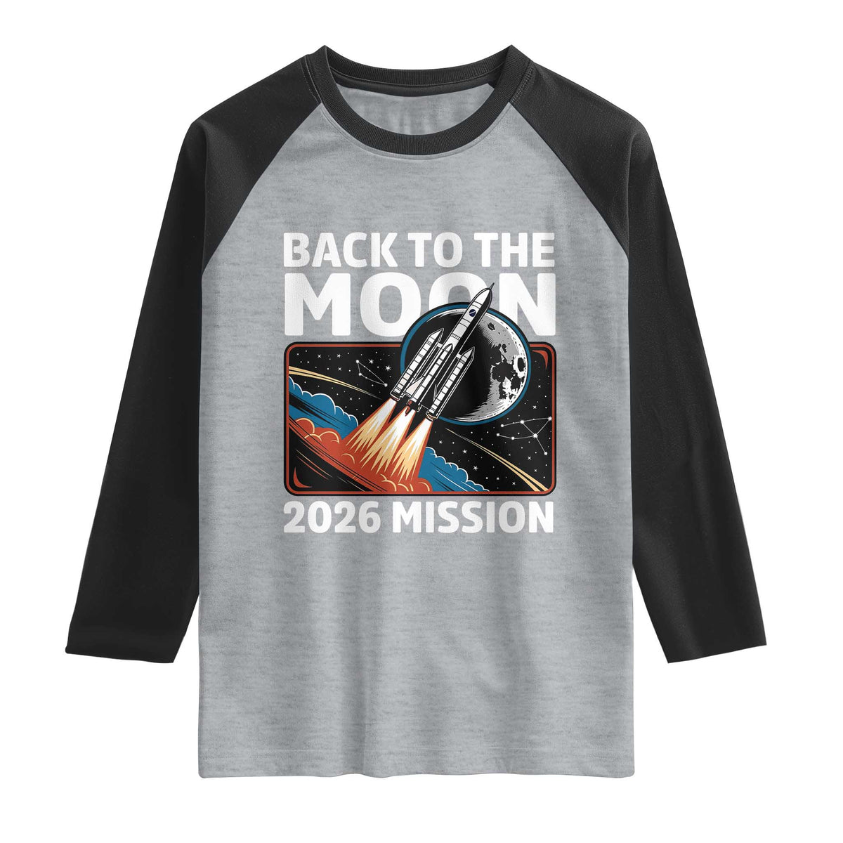 Back to the Moon 2026 Mission Raglan Shirt Retro Rocket Launch Lunar Orbit Space Enthusiasts TS02 Heather Gray Black Print Your Wear