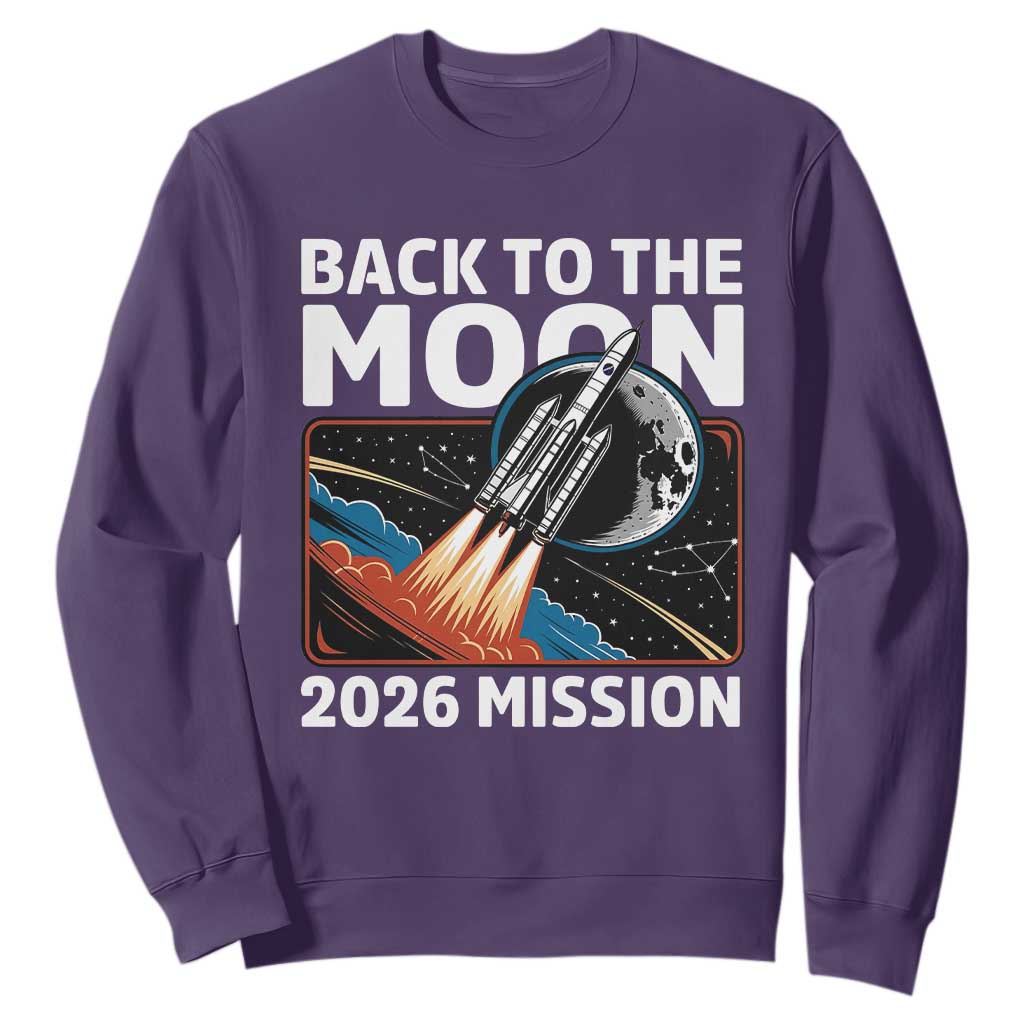 Back to the Moon 2026 Mission Sweatshirt Retro Rocket Launch Lunar Orbit Space Enthusiasts TS02 Purple Print Your Wear