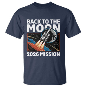 Back to the Moon 2026 Mission T Shirt Retro Rocket Launch Lunar Orbit Space Enthusiasts TS02 Navy Print Your Wear