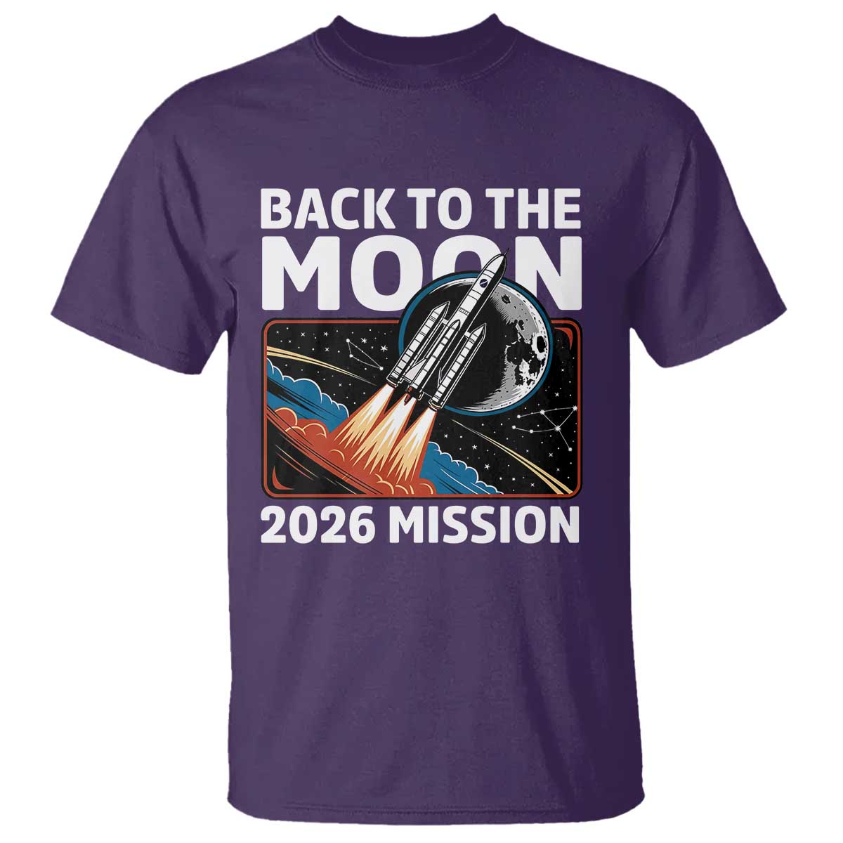 Back to the Moon 2026 Mission T Shirt Retro Rocket Launch Lunar Orbit Space Enthusiasts TS02 Purple Print Your Wear