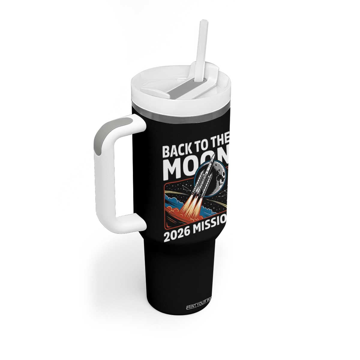 Back to the Moon 2026 Mission Tumbler With Handle Retro Rocket Launch Lunar Orbit Space Enthusiasts TS02 Print Your Wear