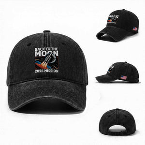Back to the Moon 2026 Mission Washed Cotton Baseball Cap Retro Rocket Launch Lunar Orbit Space Enthusiasts TS02 Washed Cap Universal Fit Black Print Your Wear