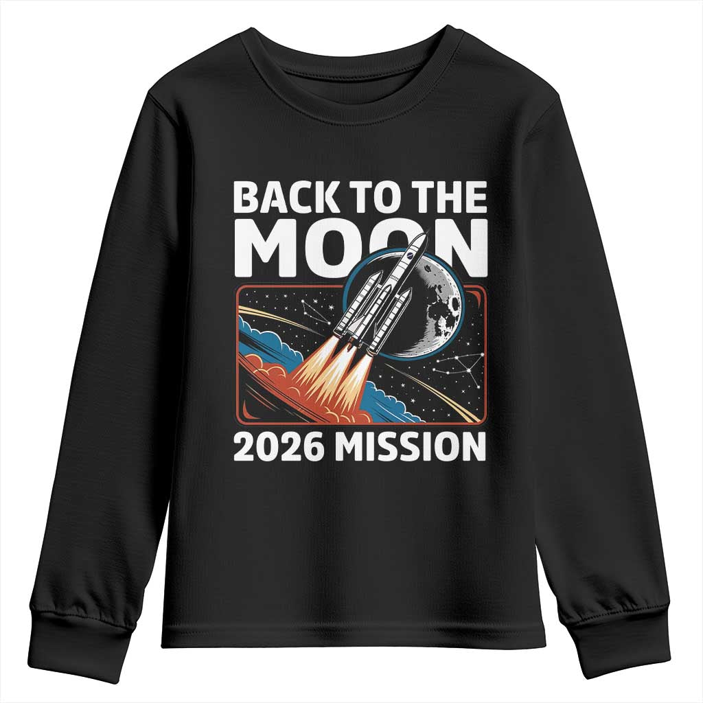 Back to the Moon 2026 Mission Youth Sweatshirt Retro Rocket Launch Lunar Orbit Space Enthusiasts TS02 Black Print Your Wear