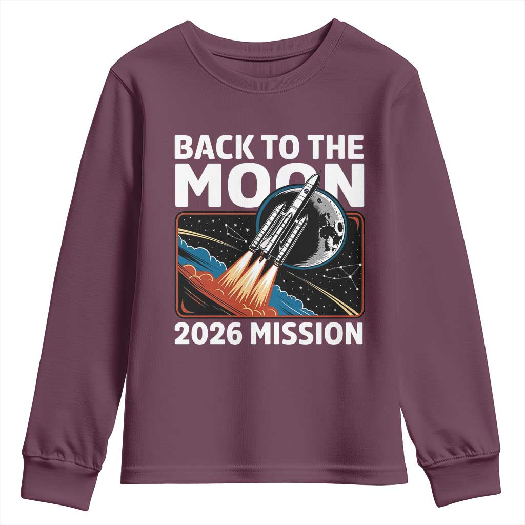 Back to the Moon 2026 Mission Youth Sweatshirt Retro Rocket Launch Lunar Orbit Space Enthusiasts TS02 Maroon Print Your Wear