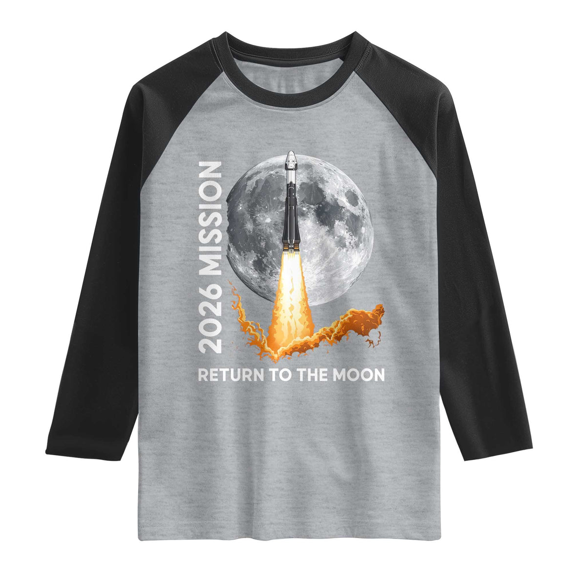 2026 Return to the Moon Mission Raglan Shirt Realistic Rocket Launch Lunar Graphic Space Exploration TS02 Heather Gray Black Print Your Wear