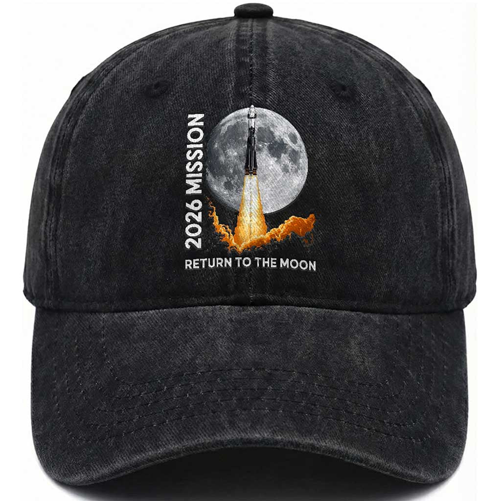 2026 Return to the Moon Mission Washed Cotton Baseball Cap Realistic Rocket Launch Lunar Graphic Space Exploration TS02 Print Your Wear