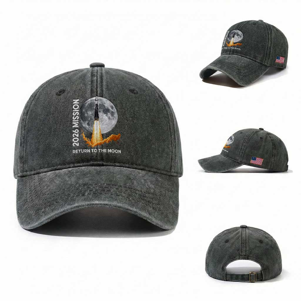 2026 Return to the Moon Mission Washed Cotton Baseball Cap Realistic Rocket Launch Lunar Graphic Space Exploration TS02 Washed Cap Universal Fit Dark Green Print Your Wear